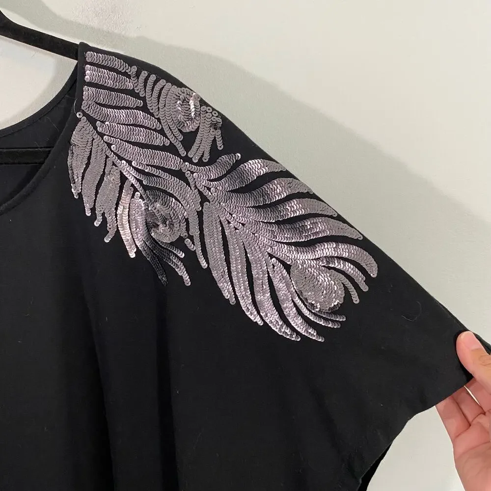 Roaman's Women Black With Silver Sequins Shoulder Accent Short Sleeve Top Sz 4X